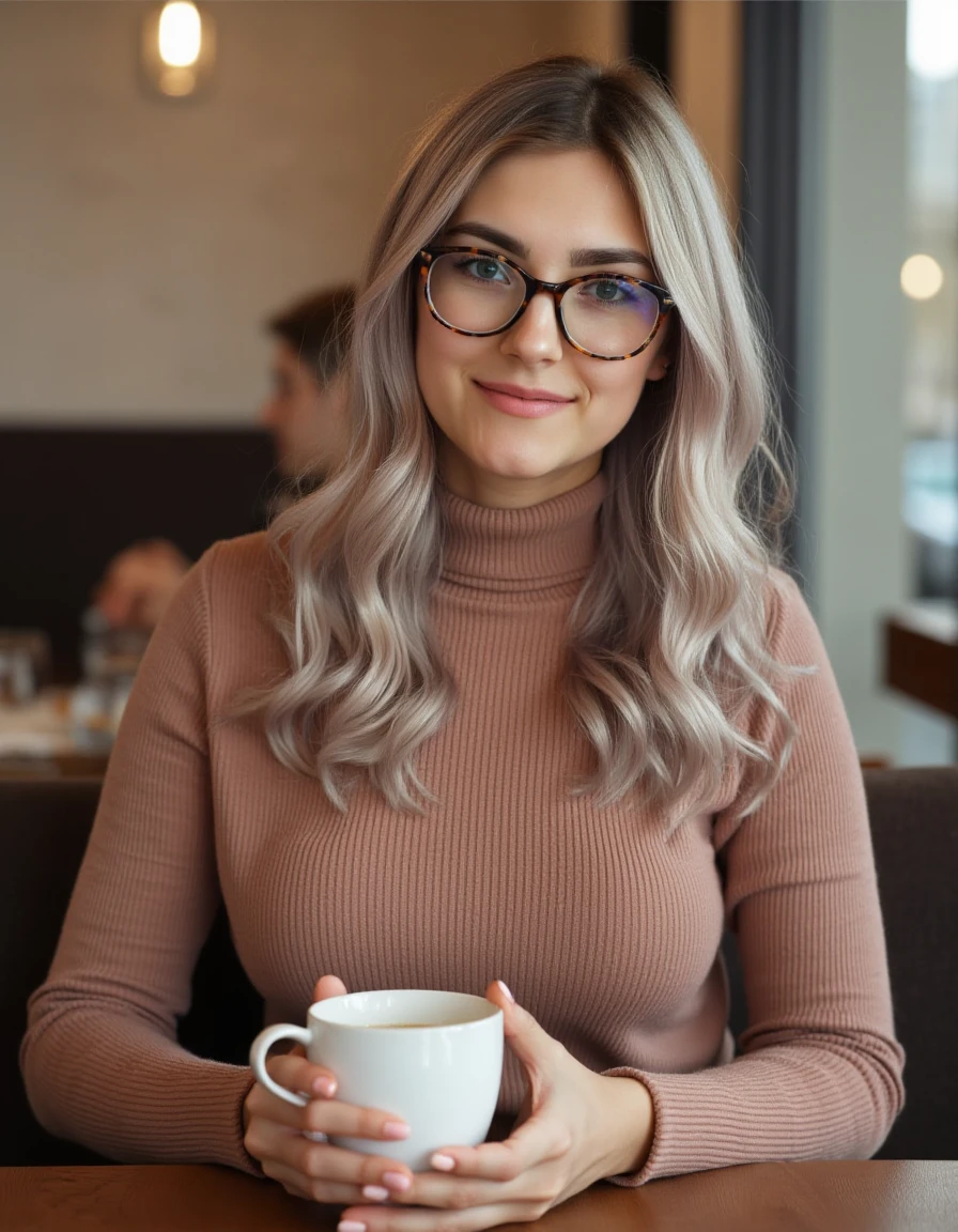 <lora:Eva_Elfie:1> realistic photo of  evaelfie, wearing a fitted  turtleneck sweater,  glasses. sitting in a cafe having a coffee, smiling, looking at viewer.