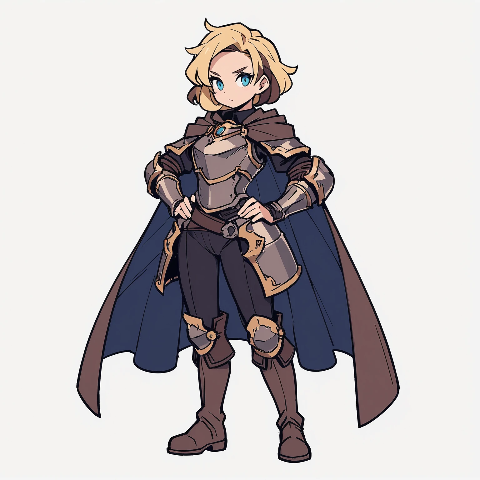 <lora:w234_juese:0.6>,w233,solo,blue_eyes,short_hair,armor,1girl,hands_on_hips,brown_hair,blonde_hair,cape,white_background,boots,simple_background,multicolored_hair,full_body,