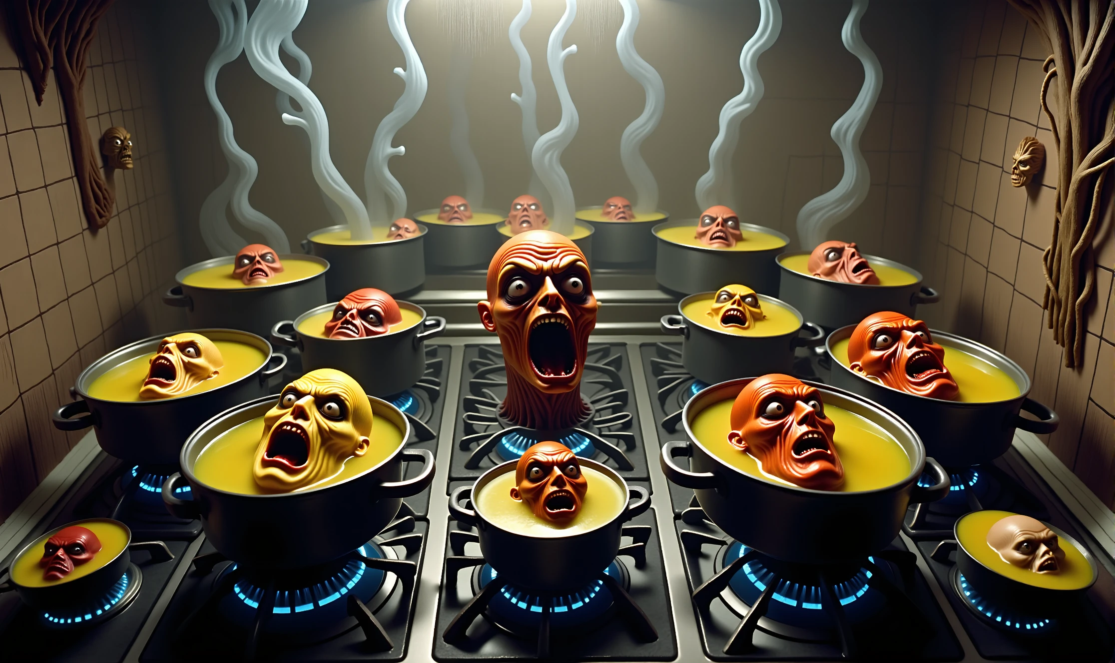 A giant stove with like 30 burner eyes on it in an insane surreal horrifying creepy creature kitchen, each stove eye has a stock pot on it cooking, in each pot is a different kind of creature or alien or persons severed head, floating in the steaming boiling stock, each head is still alive and screaming in agony, the facial expressions of pain and fear are vivid and unforgettable, this is a really strange scary surreal Precisionistic hyper exaggerated realism depiction with no context of 30 different heads in 30 different stock pots on 30 eye stove all being boiled alive insanely and vividly, let the madness and bizarre terror commence