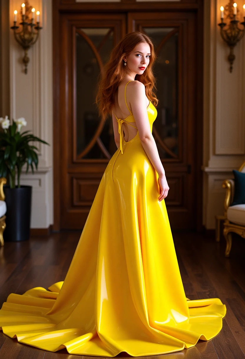 a redhead woman wearing a bright yellow latex ballgown in a luxurious mansion