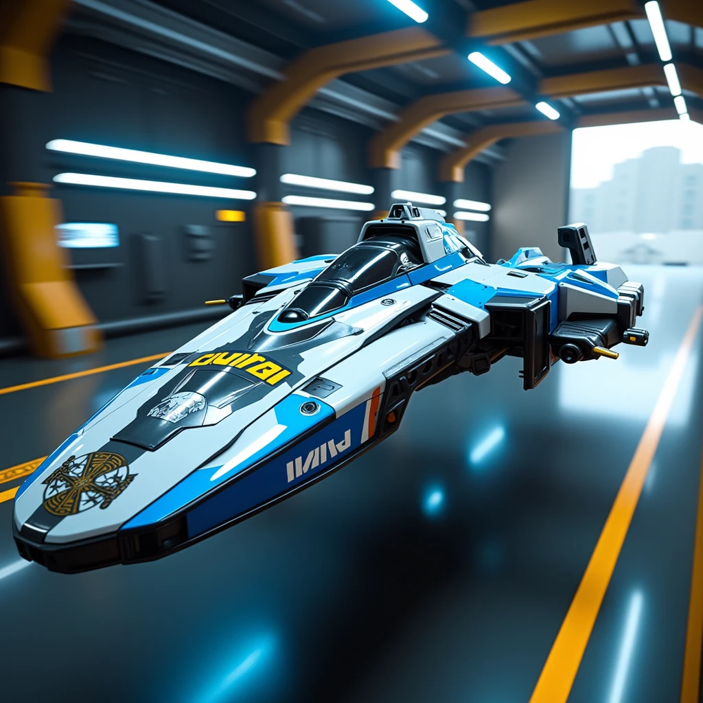 agvf1, a hover craft in a futuristic garage, cyberpunk, hovering, decal text on vehicle reads "CIVITAI".  decal of a wolf on vehicle, hovering, BLUE and WHITE, gritty cybernetic world, wings,chrome,  

visual style: Ensure the overall visual style is consistent with photorealism, slight motion blur,light filmgrain, depth of field, 