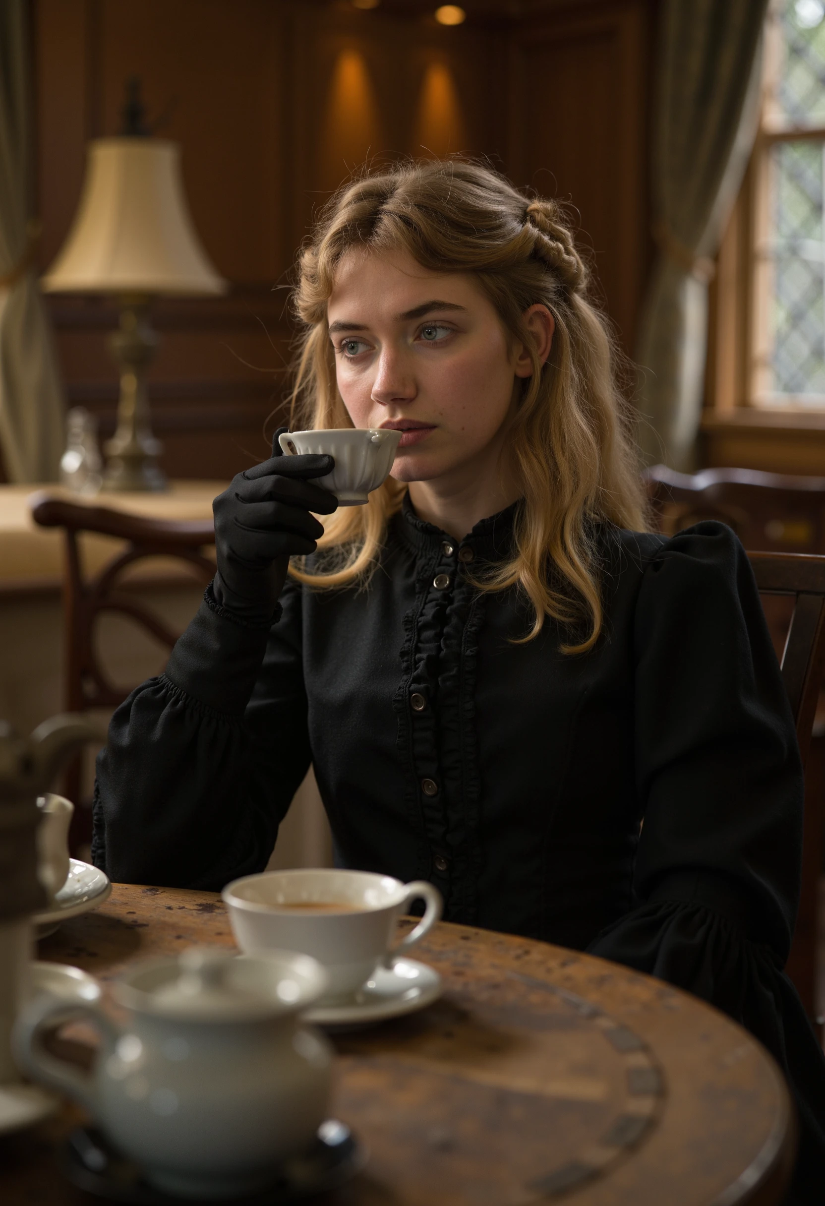 a victorian dining room, a young woman imogenpoots with blonde hair and black eyes, in dark victorian clothing, seated and drinking some tea with a pensive expression
