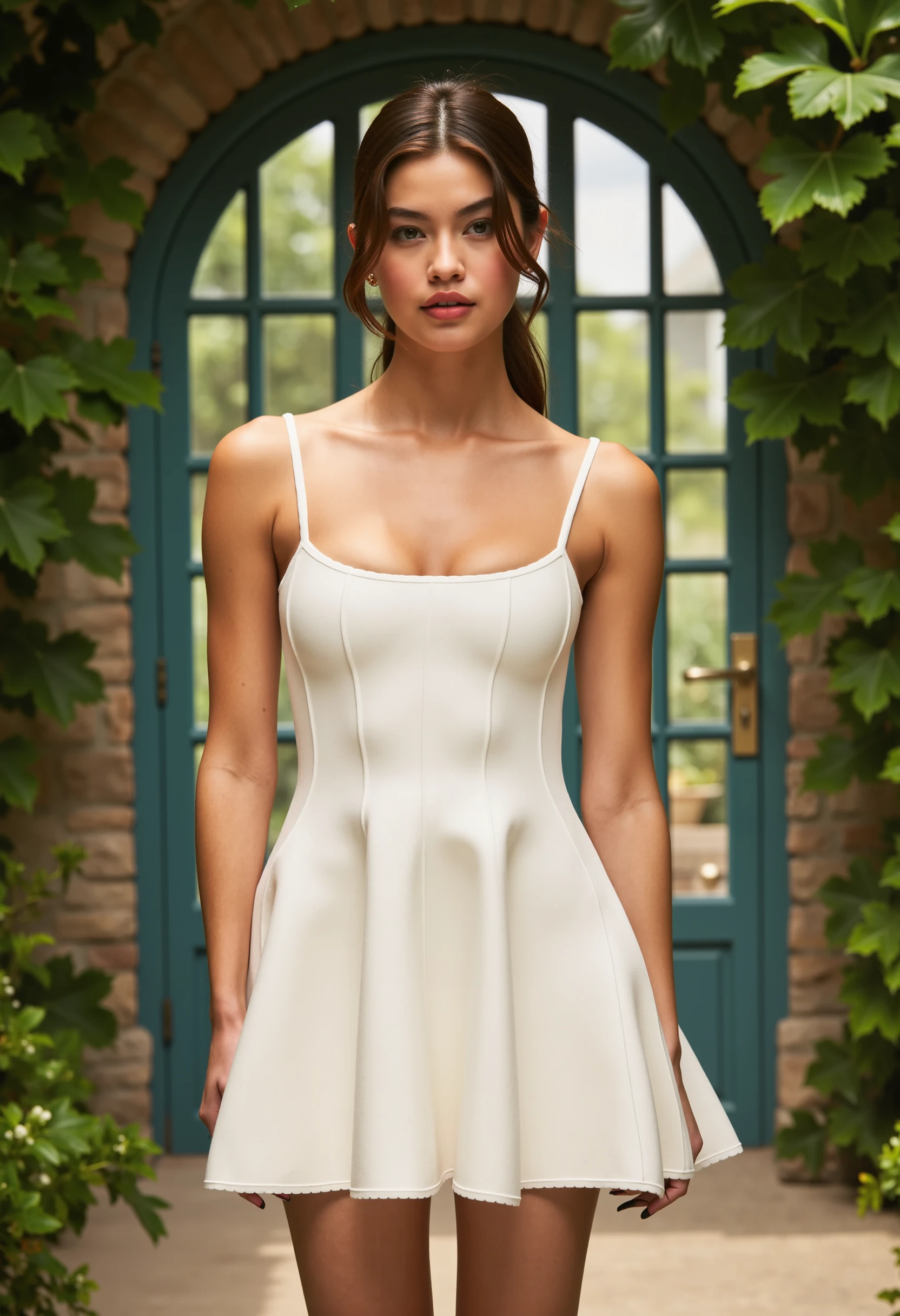 A woman stands in a garden setting, wearing a short white Fleur du Mal dress.creating a sophisticated contrast. Behind her, an arched window framed by lush greenery allows soft, natural light to illuminate the scene, adding a fairytale-like charm to the elegant atmosphere.