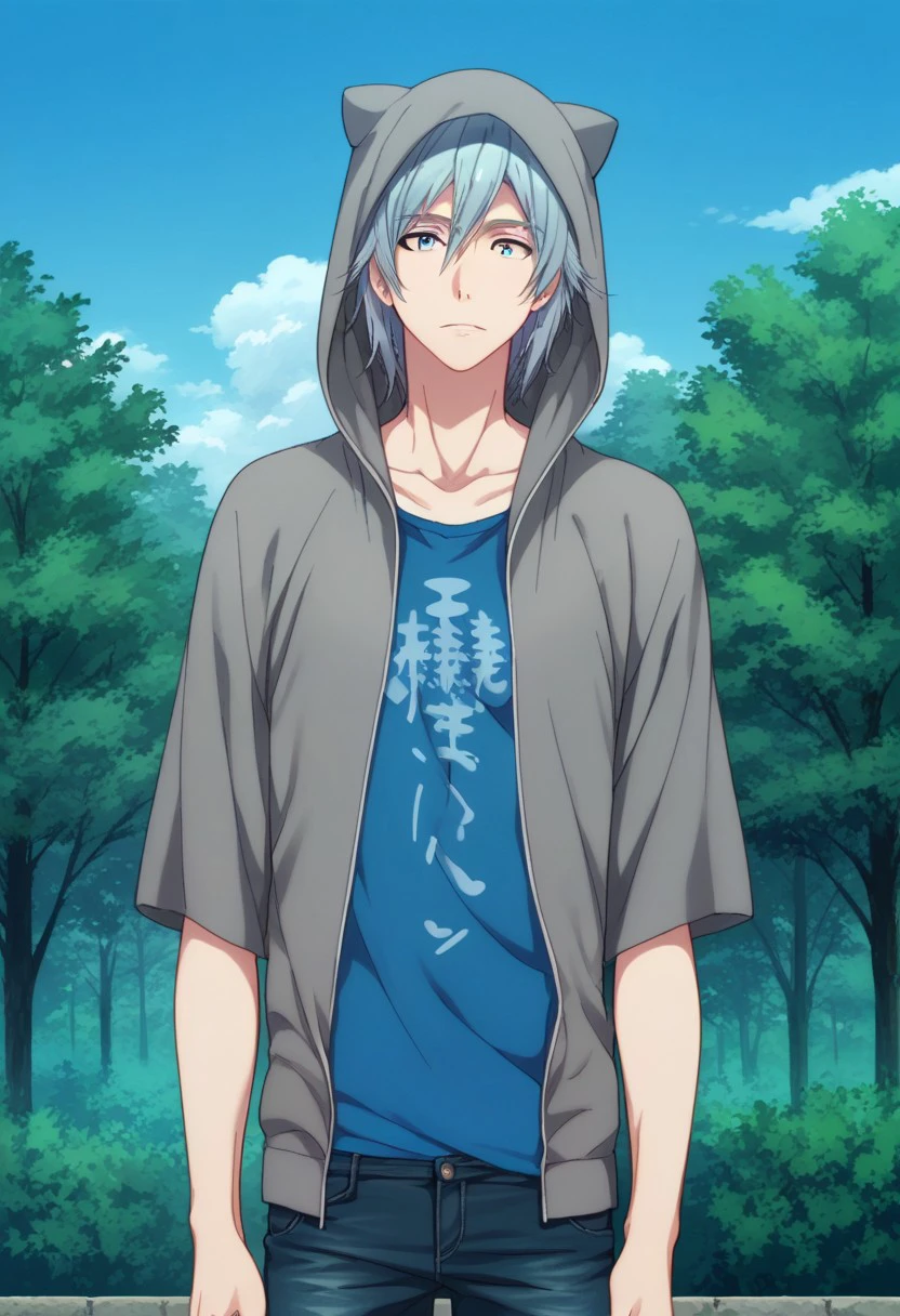 score_9, score_8_up, score_7_up, source_anime, highly detailed, 
tamaki, 1boy, male focus, hood, solo, blue eyes, shirt, animal hood, hoodie, blue hair, pants, hood up, t-shirt, looking at viewer,
outdoor, sky, tree