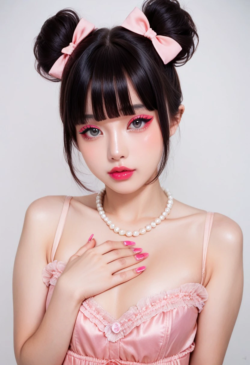 score_9, score_8_up, score_7_up,
ulzzang, ulzkawai, 1girl, solo, looking at viewer, short hair, bangs, simple background, black hair, dress, bow, bare shoulders, jewelry, upper body, hair bow, heart, sleeveless, blunt bangs, necklace, hair bun, nail polish, lips, fingernails, grey eyes, eyelashes, double bun, makeup, lipstick, pink bow, hand on own chest, pink dress, pink nails, realistic, pearl necklace, nail art
