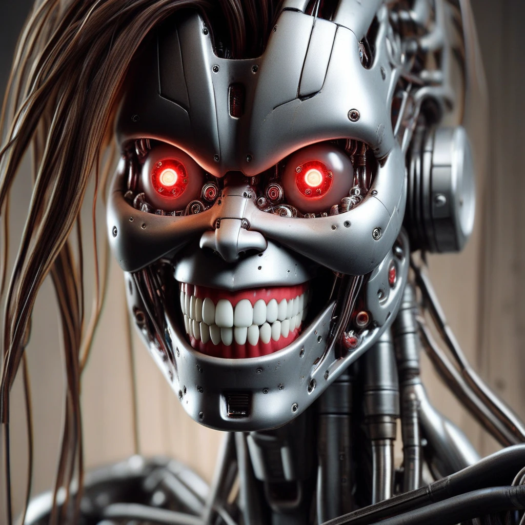 humanoid robot, 1girl, close-up, portrait, mechanical parts, no humans, realistic, solo, brown hair, strands of hair cascading down from the head, large glowing red eyes, looking at viewer, nose, smile, grin, slight dimples in the cheeks, open mouth, clenched teeth, cables protruding from the neck area, neck composed of exposed mechanical parts and wires, glowing, blurry background, cables, horror (theme)