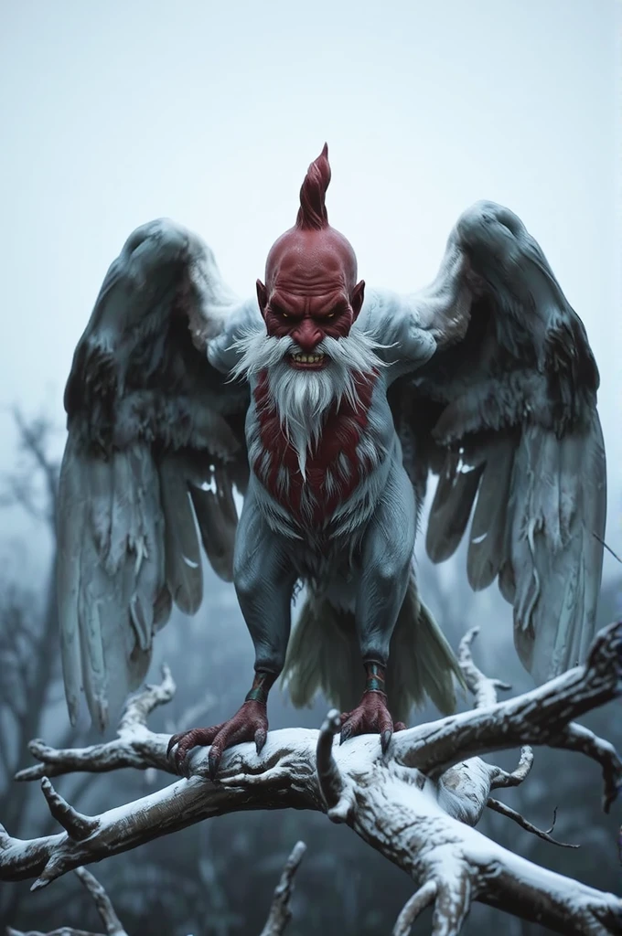 black myth,
A creature with the face of a red old man and the body of a white eagle stood on a bare branch covered in white snow. 
Its red bald head had a cockscomb, a snow-white beard.
evil smile, It looked at the audience, spread its wings.
dim sky in background.