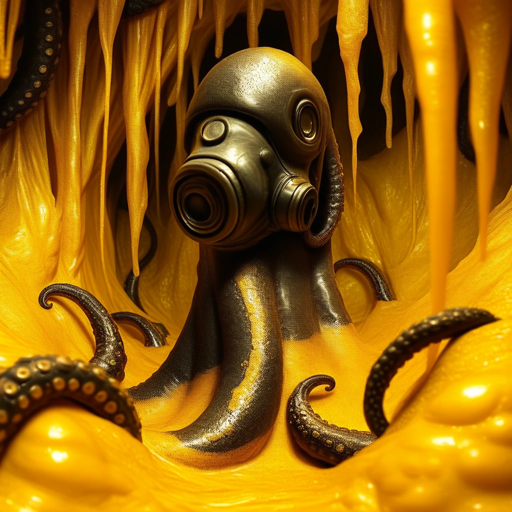 slime, black background, shining colors, tentacles, slimebath, no humans, pants, molten rock, octopus, gas mask, shiny skin, realistic, shiny, yellow theme, desert