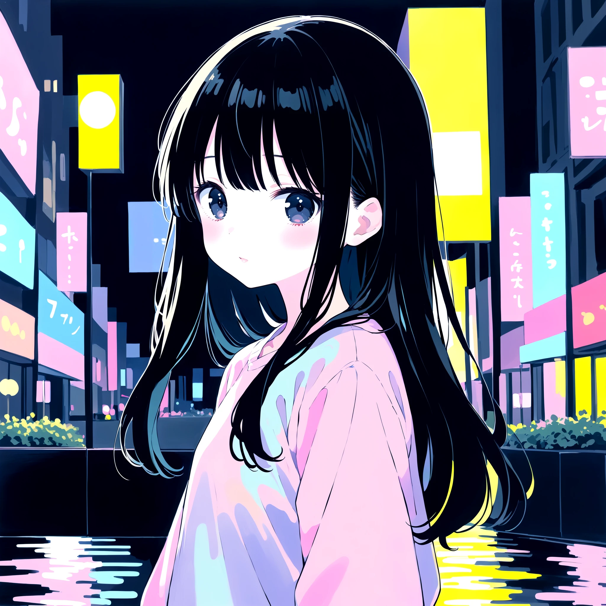 <lora:Gouache_SDXL:0.8>, 1girl, long sleeves, black hair, black eyes, night, city, pastel colors, Gouache