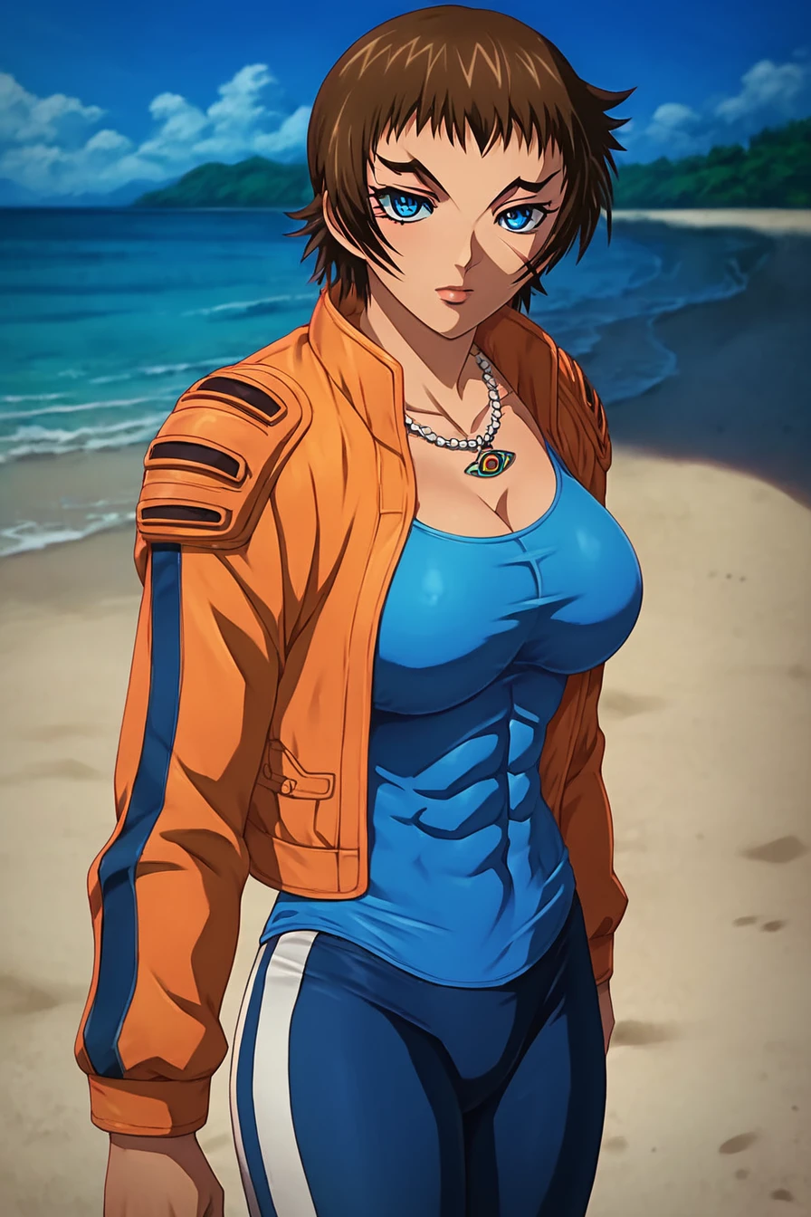 score_9, score_8_up, score_7_up, score_6_up, score_5_up, score_4_up, <lora:kugatachi_kaname_freya:1>, Kaname kugatachi, brown hair, blue eyes, scar, necklace, breast, abs, orange leather jacket, blue sleeveless shirt, tight shirt, blue leggings, 1girl, alone, looking at the viewer, masterpiece, highres, highly detailed face, highly detailed shining eyes, symmetrical highly detailed eyes, entire body, legs, beach, sand