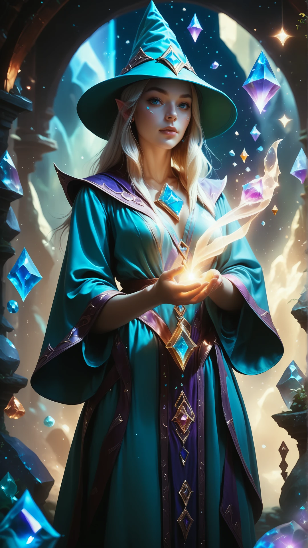 An elven woman wearing an alchemist robe with hat, surrounded by floating magic, gemstones on her robe reflect the light, moody light, scenery is detailed with stardust, alchemist interior, cuteness overload, magical atmosphere, fairytale like, summon elemental magic, film gain, reij-clrfl <lora:reij-colorfulartstyleSDXL-000006:0.9>, close up