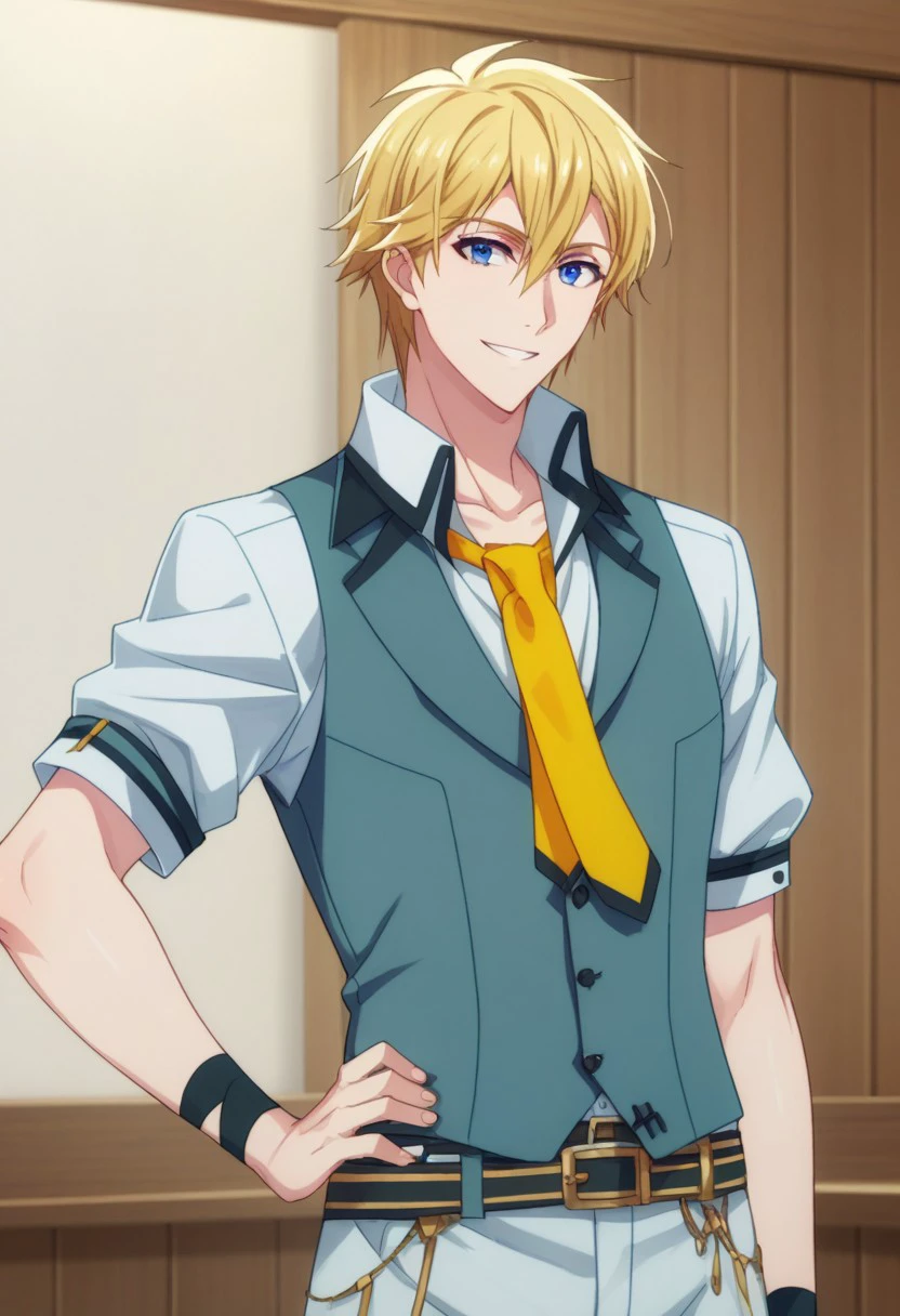 score_9, score_8_up, score_7_up, source_anime, highly detailed,    
nagirokuya, 1boy, male focus, blonde hair, necktie, blue eyes, hand on hip, yellow necktie, belt,  vest, idol, idol uniform, ubber body, smile,
indoor, stage