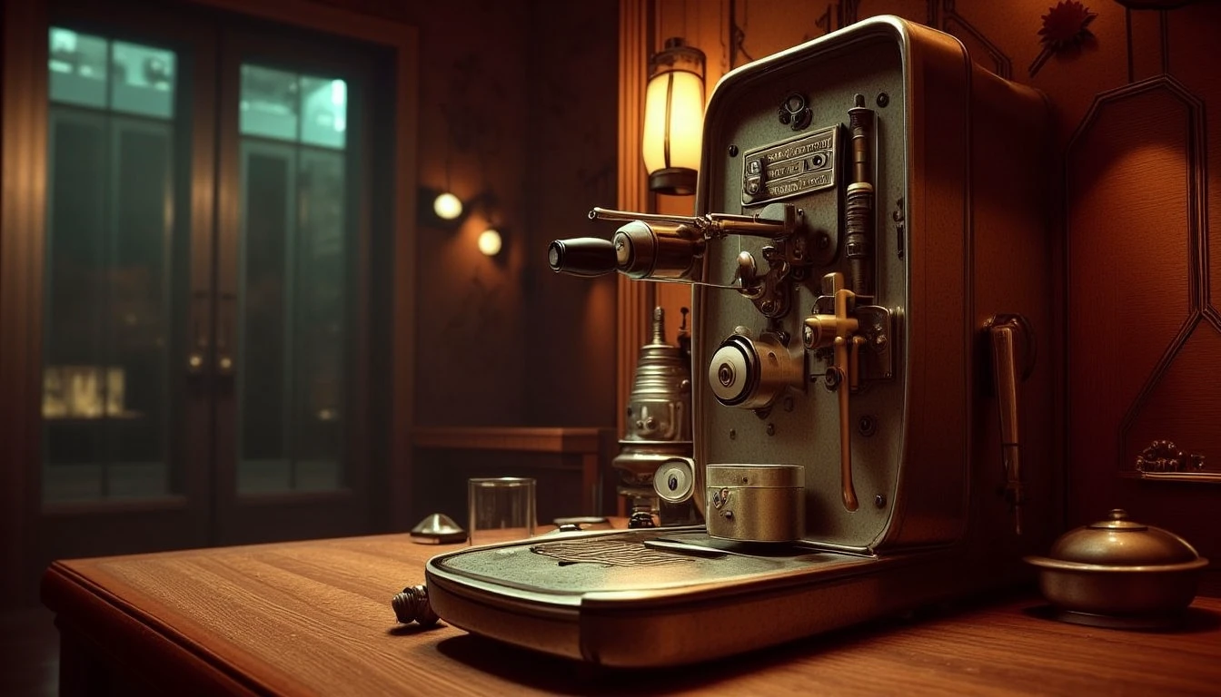 YFG-SpyWorld50s, coffee machine, spy-theme, 50s, (Masterpiece:1.3) (best quality:1.2) (high quality:1.1)