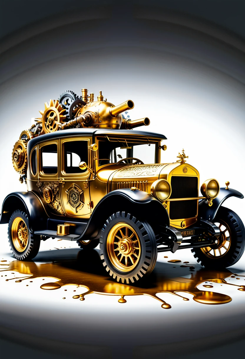 Logo on (((white background: 1.5))). creating splashes. Sci-fi steampunk style. Atmospheric haze, Detailed retro steampunk machine with vintage design and intricate gold and black mechanical elements ((gears: 1.4)). The retro car has big fat tires and a powerful, ornate turbo engine mounted on top, adorned with various gears, pipes and brass parts. The overall design combines classic automotive aesthetics with a steampunk fantasy car. An explosion of golden ((slime: 1.3)) liquid in the form of paint splatters surrounds the car, creating a dynamic and energetic scene. The background is pure white, highlighting the bright details and metallic texture of the car. The scene is a mixture of retro and fantasy, capturing the essence of steampunk art