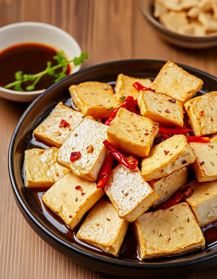 a dish of deep fried tofu with chilli, chinese cuisine, food advertisement photography <lora:chinese_cuisine-000009:0.9>