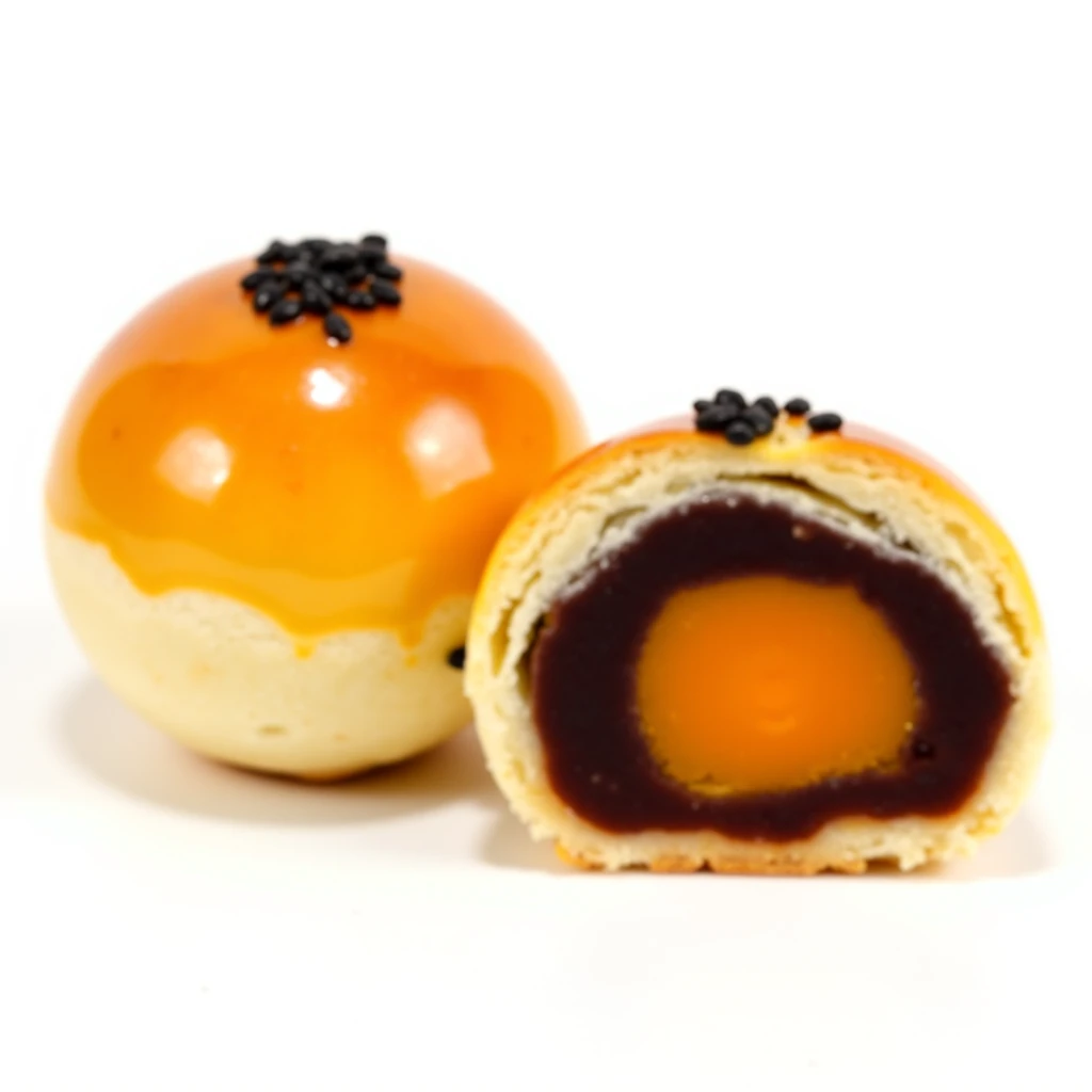 Close-up of two Taiwanese pastries on a white background. On the left, a whole egg yolk pastry (dan huang su) with a smooth, glossy golden-brown surface. It's perfectly round and topped with a small cluster of black sesame seeds. On the right, a cross-section of the same pastry revealing its interior.
The cross-section shows distinct layers: a thin, flaky golden crust, a thick layer of dark brown bean paste filling, and at the center, a vibrant orange-yellow salted egg yolk. The yolk appears whole and slightly glistening, contrasting beautifully with the dark surrounding paste.
The pastries are photographed in high detail, showing the texture of the crust and the slight variations in color. The lighting is bright and even, emphasizing the pastries' colors and textures against the clean white background.
This image captures the essence of the dan huang su: its appealing exterior, the surprise of its layered interior, and the contrast between the sweet paste and savory yolk.