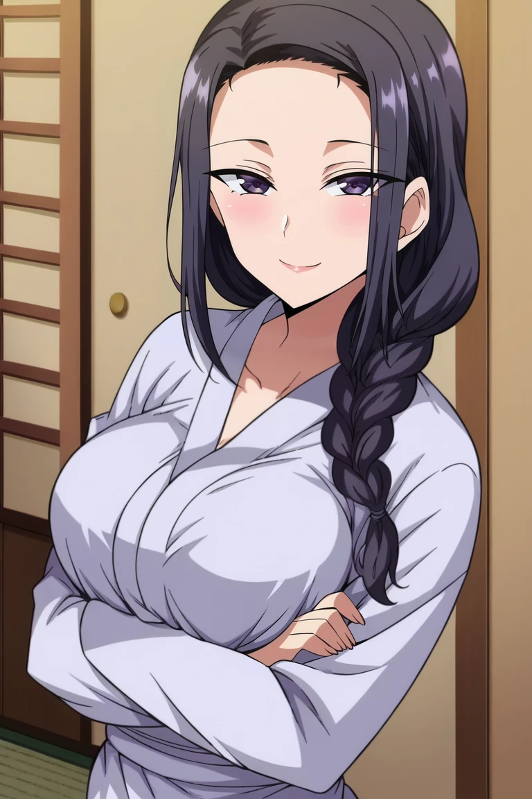 <lora:Tsubaki_Miyajima-Saimin_Seishidou:1>,Tsubaki,1girl,long hair,black hair,purple eyes,hair over shoulder,braid,breasts,yukata,crossed arms,blush,smile,looking at viewer,indoors