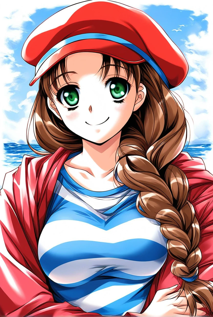 score_9, score_8_up, score_7_up, source_anime, rating_explicit, BREAK  <lora:Sugimoto_Sakurako_XL:1> SugimotoSakurako, brown hair, long hair, green eyes, braid, hair over shoulder, bangs, breasts,
1girl, solo, red hat,  striped, smile, upper body, striped shirt, shirt, cabbie hat,  red jacket,
beach, blue sky,
smile,
looking at viewer, 
cowboyShot,