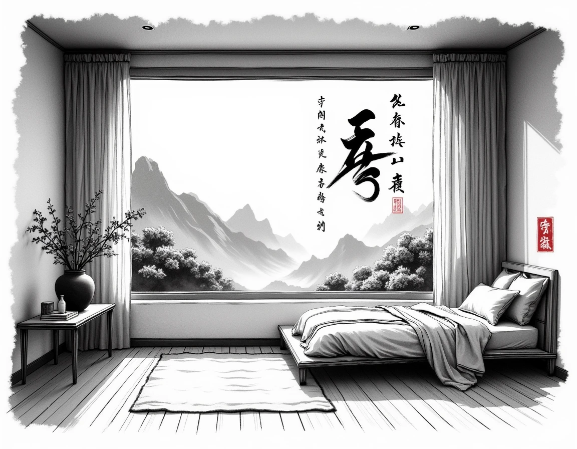 <lora:calligraphy_ink:1> monochrome Chinese text and smudged and faded ink brush style,  a room with wall and floor with a bed and end table and window with curtains in a faded smudged brush strokes calligraphy ink style, with mountains and trees and Chinese text in background