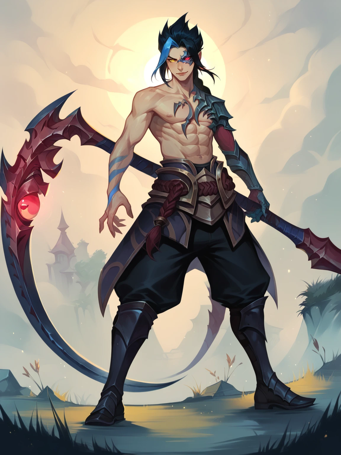 score_9, score_8_up, score_7_up, BREAK, KaynNormal, 1man, solo, long black hair, long braided ponytail, blue strand of hair, metalic mark on face with red eye, heterochromia, one pauldron, one red armored demonic hand, topless, abs, belt, pants, armored boots, demonic scythe <lora:KaynNormal:1>