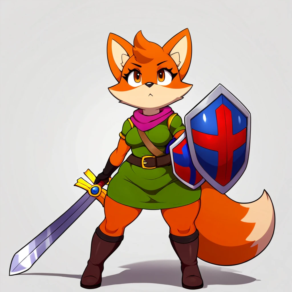 score 9, score 8 up, score 7 up, score 6 up, score 5 up, score 4 up, 
ruin seeker, canid, canine, fox, mammal, anthro, clothing, countershading, female, holding melee weapon, holding object, holding sword, holding weapon, looking at viewer, looking up, melee weapon, shield, shirt, short stack, simple background, solo, sword, topwear, tunic, weapon, white background