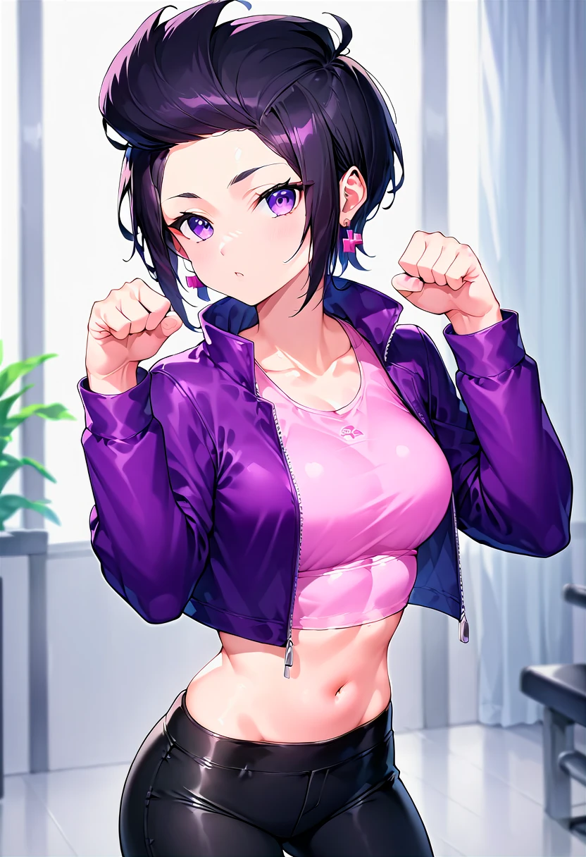 score_9, score_8_up, score_7_up, source_anime,
bibiBS, 1girl, solo, purple eyes, black hair, cross earrings, purple jacket, crop jacket, crop top, tank top, pink top, midriff, black pants, yoga pants, paw pose,
best_quality, masterpiece, anime style
