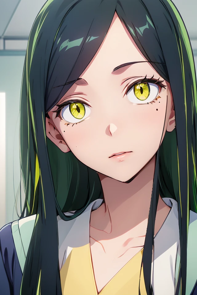 (P_Frill_Shiranui), 1girl, mole under eye, solo, long hair, looking at viewer, dark green hair, green yellow eyes, mole under mouth, slit pupils, Long hair parted in the middle,
(navy jacket, grey dress, white shirt),