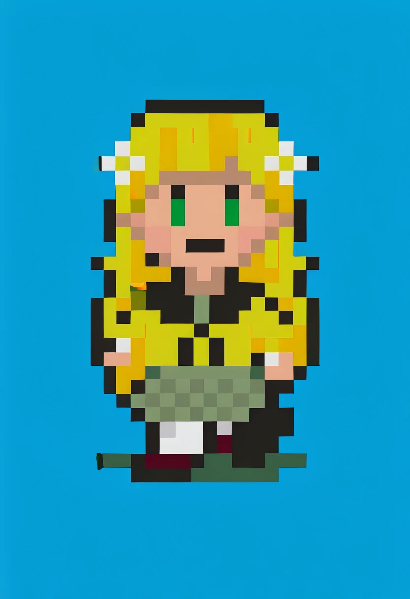 score_9, score_8_up, score_7_up, source_anime, 1girl, smile, <lora:EarthboundSpriteStyle-pdxl:1> pixel art, full body, standing, chibi, looking at viewer, blue background, <lora:zs_ReiXL:1> reipq, very long hair, blonde hair, hair flower, green eyes, yellow serafuku, grey skirt, houndstooth, white pantyhose, loafers