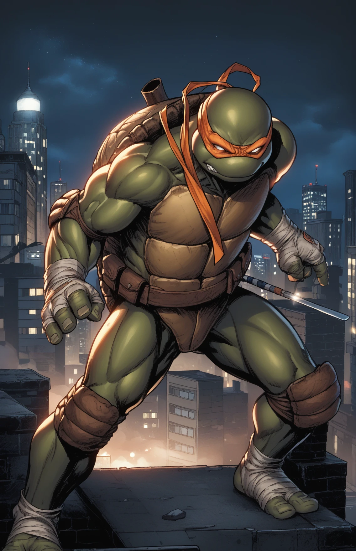 score_9, score_8_up, score_7_up, ((source_cartoon, illustration)), masterpiece, high quality,
<lora:TMNT_AIO__DigitalArtStyle_Pony:1>, solo, a TMNTMichelangelo a teenage mutant ninja turtle wearing an orange bandana mask with eye-holes, standing on a city rooftop in a fight stance pose. Dynamic lighting and shadows, city lights and skyscrapers fill the background and the image gives a deep atmosphere of tension and the sense that a battle will soon take place.
(standing, fight stance)
((on a city rooftop, at night)), dark sky, city lights, skyscrapers in background
dynamic lighting, cinematic