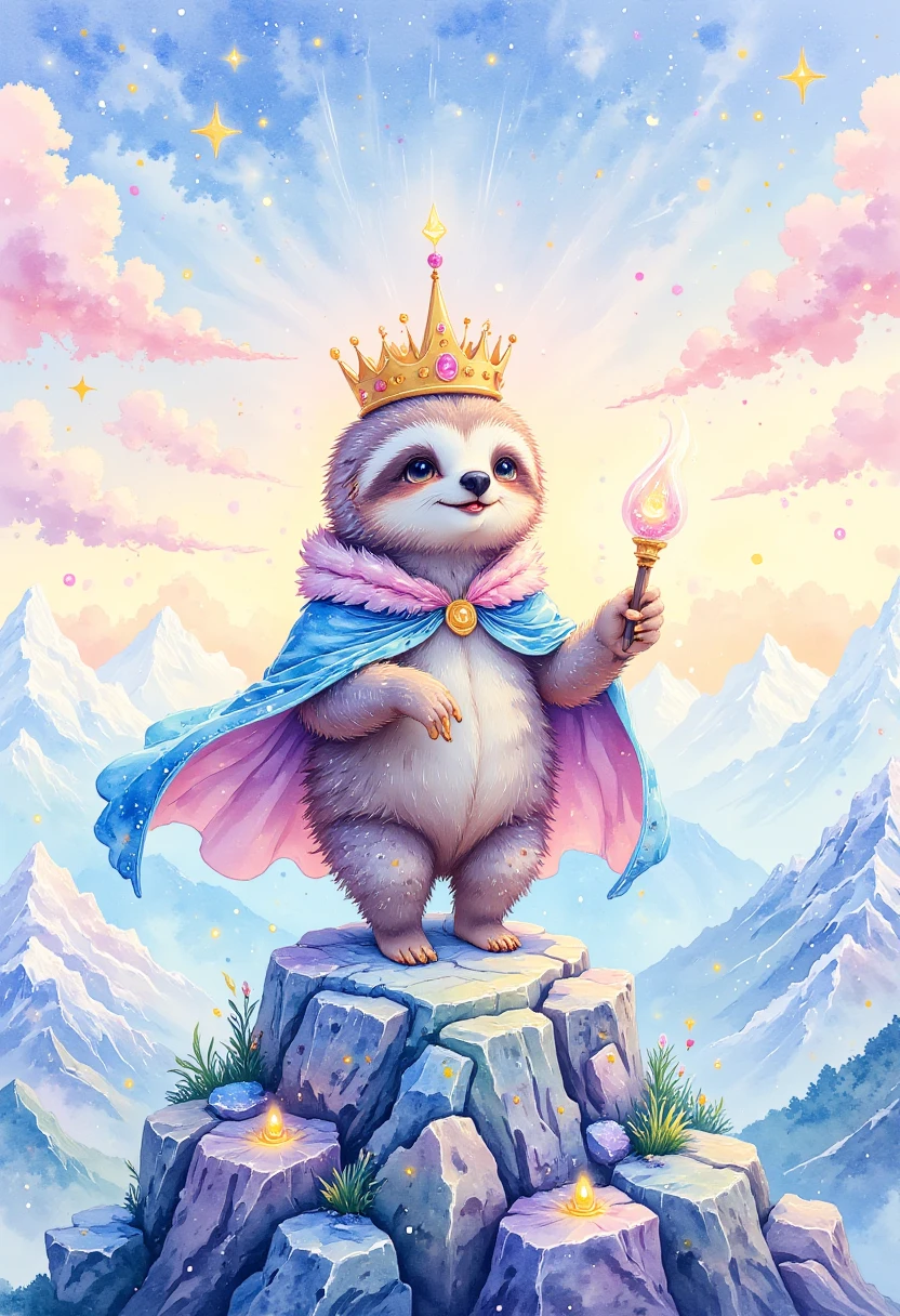 watercolor painting,a cute chibi sloth wearing a king crown and a wizard cape, playing with a magic wand on top of a mountain, mountainscape