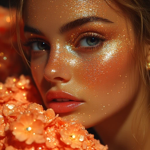 nose, crystal, water, orange theme, hydrangea, scenery, sparkle, blurry background, milky way, photo background, cloud, woman, looking at viewer, blurry, brown hair