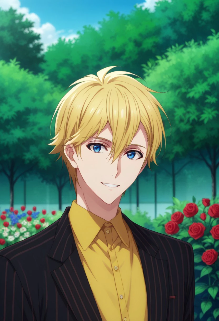 score_9, score_8_up, score_7_up, source_anime, highly detailed,    
nagirokuya, 1boy, male focus, blonde hair, blue eyes, flower, solo, formal, rose, yellow shirt, smile, outdoors, sky,
suit, shirt, tree, day, garden, looking at viewer, upper body, red flower, striped, bush, blurry, red rose
blue sky hair between eyes jacket