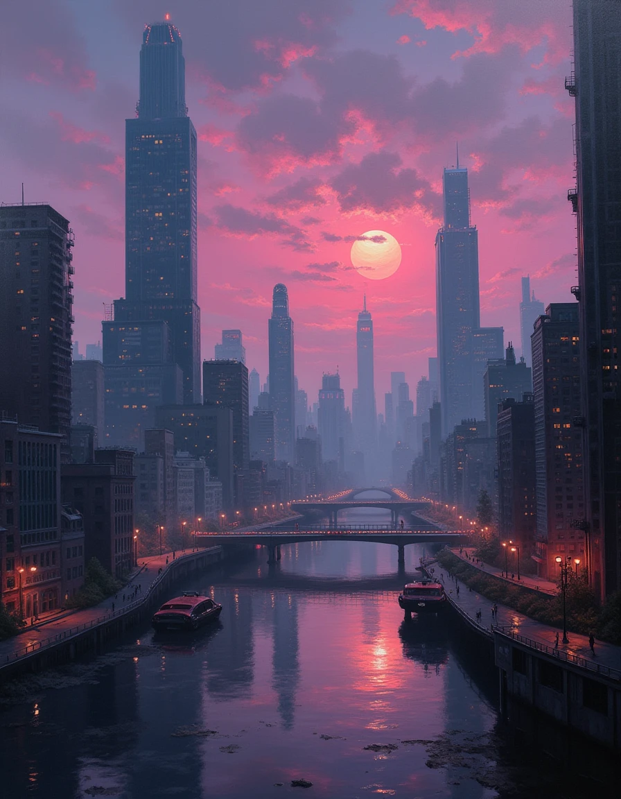 An atmospheric painting of a a futuristic city skyline