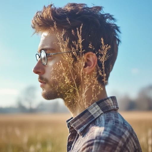 blue sky, no humans, glasses, male focus, grass, earrings, formal, stairs, close-up, sun, plaid shirt, winter