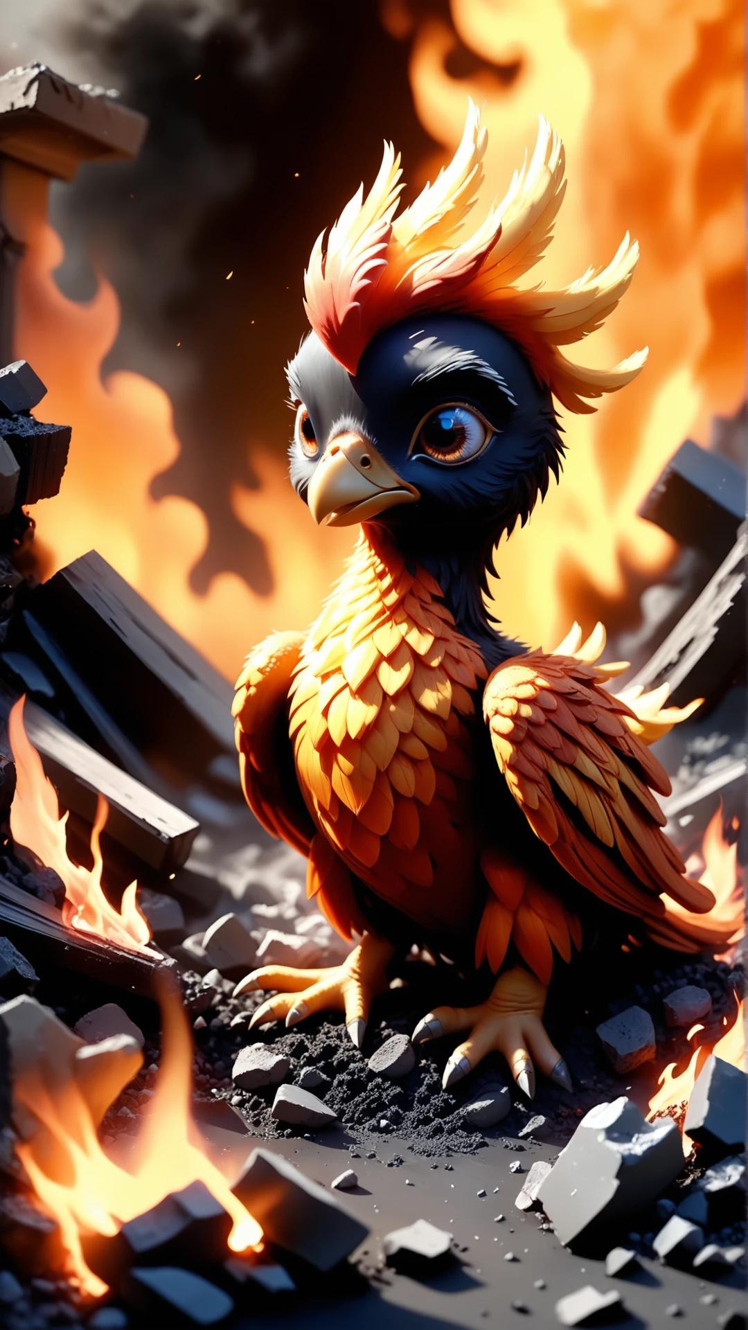 a baby phoenix rising from the ashes, he is covered in ash and his head looks out of a pile of ash, cuteness overload, the fire blazes in his eyes, he is sweet and determined, reij-clrfl <lora:reij-colorfulartstyleSDXL-000006:0.9>