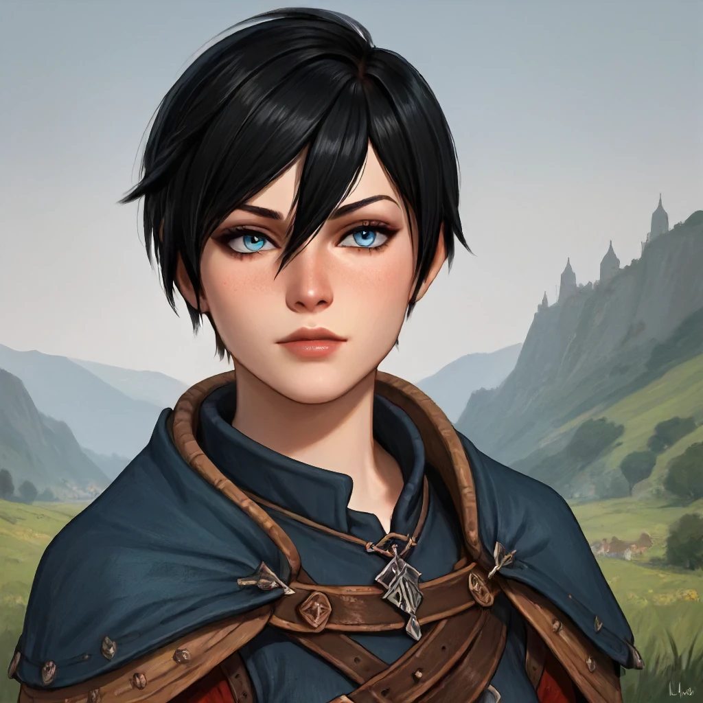 medieval fantasy setting, <lora:Hawke:0.7> 1girl, black hair, short hair, blue eyes, hair between eyes, pixie cut, tomboy    <lora:Cranes_Styles:1>, score9, masterpiece, detailxl. BREAK