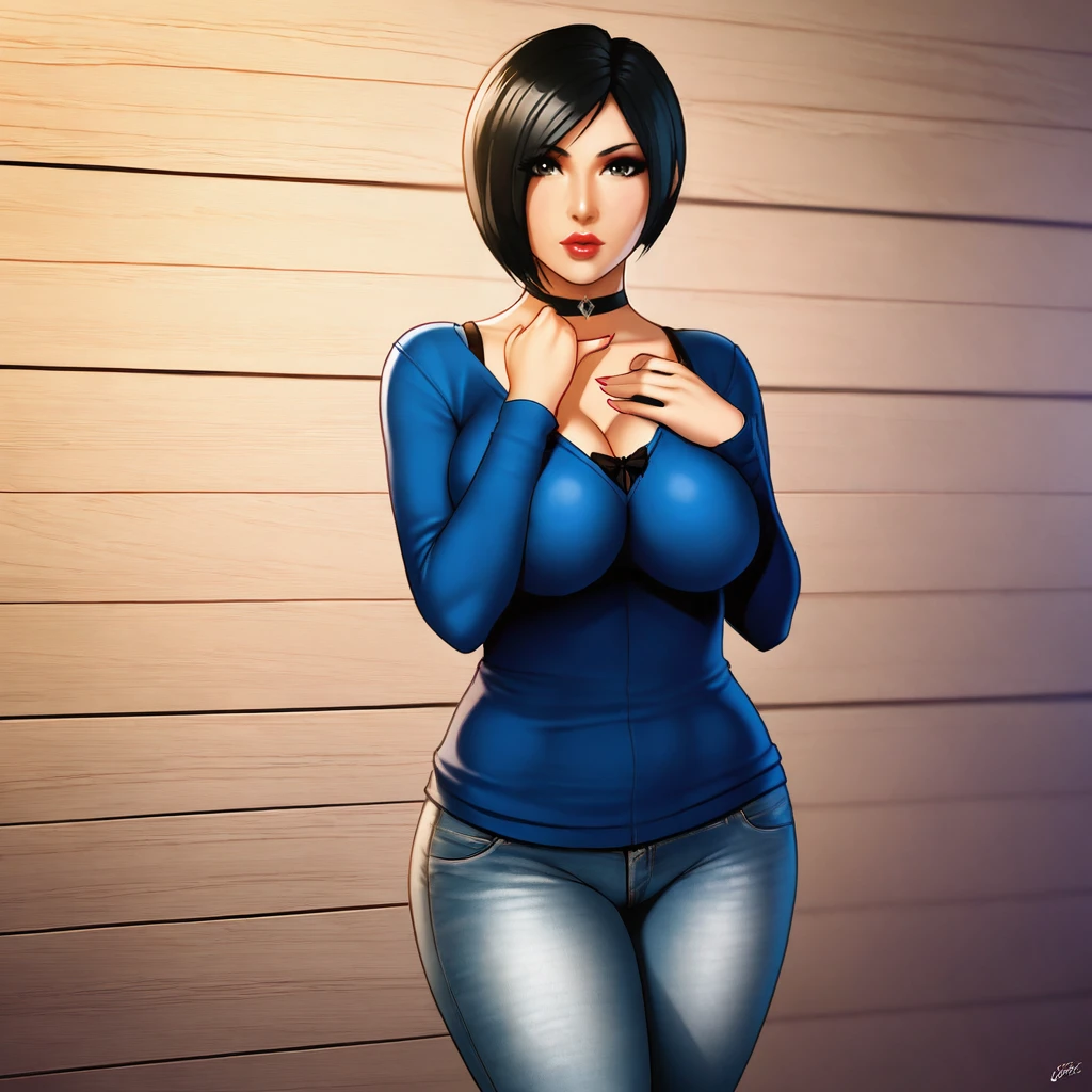 <lora:adawongresidentevil2remake_pony_v1:.75>AdaResidentEvil2Remake, 1girl,solo,  black hair,  large breasts, bob cut, lips,  cowboy shot, sweater, jeans