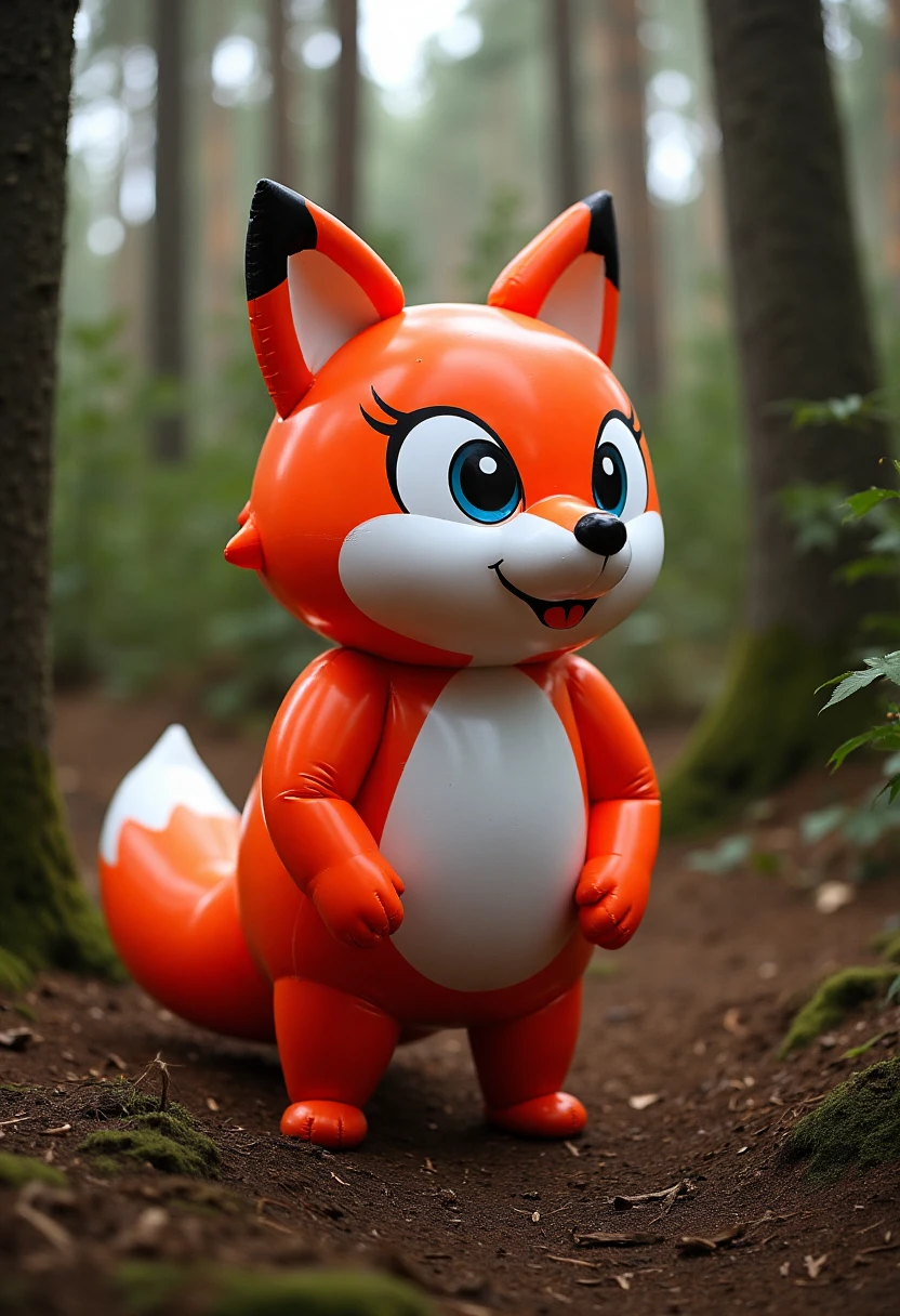 a latex inflatable fox fursuit in a forest