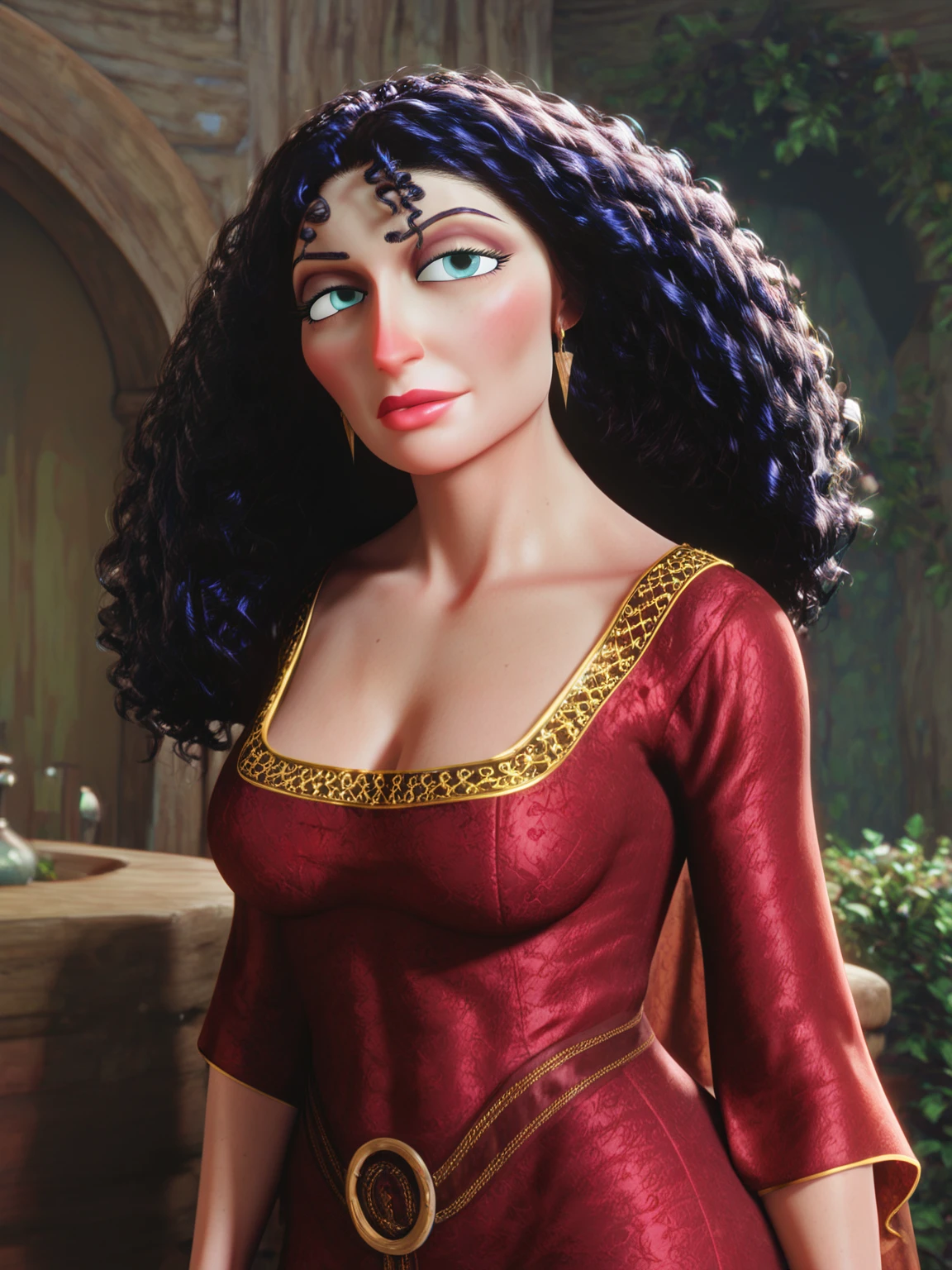 score_9, score_8, SFW, mothergothel <lora:Tangled_MotherGothel_ponyXL_Xtroat:0.8>  mature woman, long black curly hair, jewelry, earrings, red dress, breasts, wonderful light, intricate medieval scenery