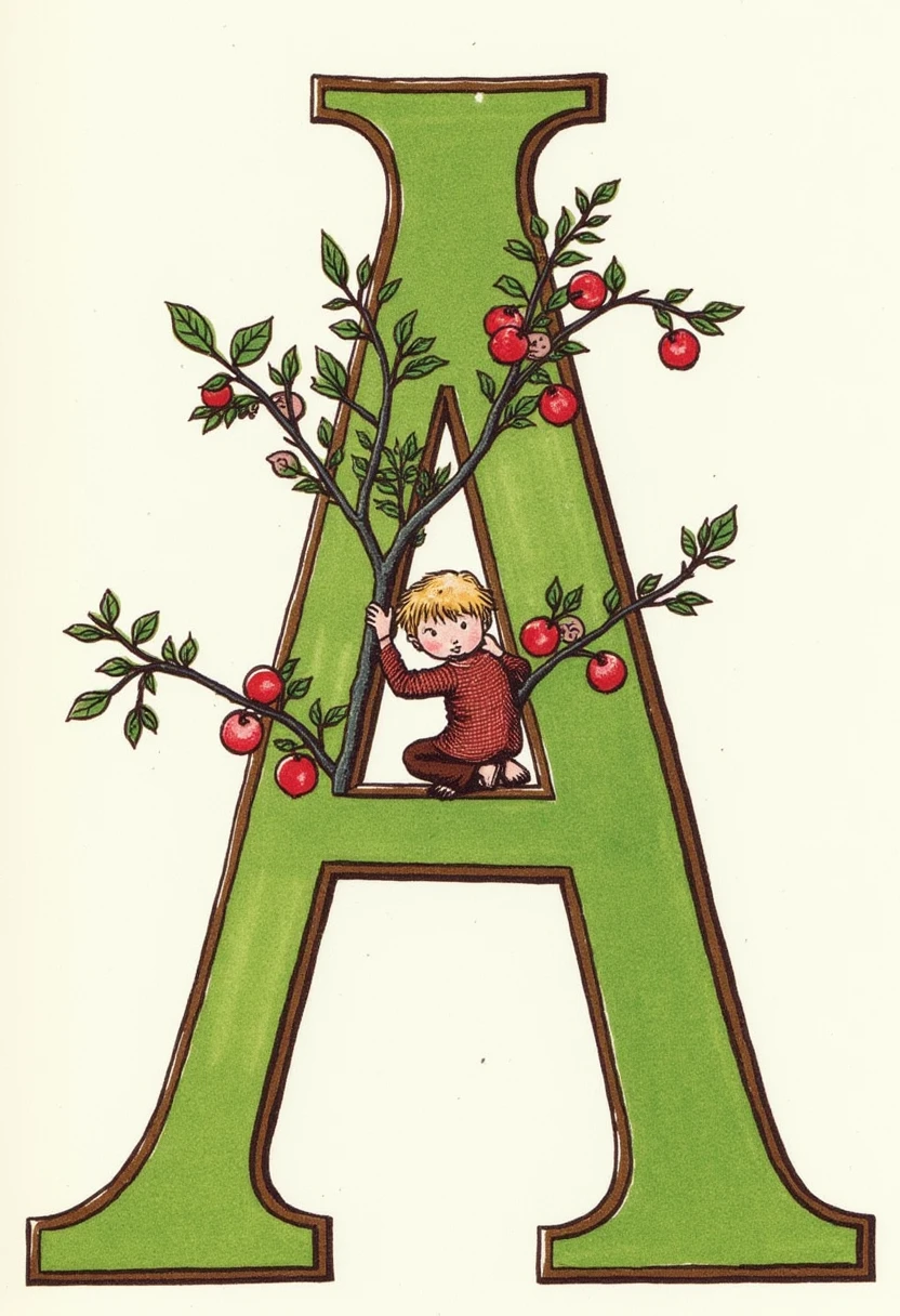 watercolor and ink illustration by Kate Greenaway. Features large green letter 'A' with brown border, showcasing a boy climbing an apple tree