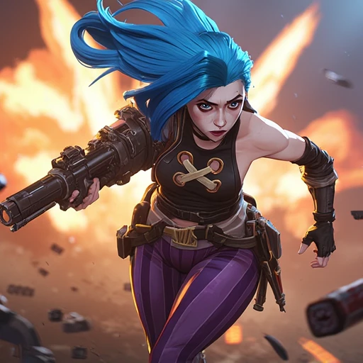 An action shot of Jinx from Arcane running through a chaotic battlefield. Her blue hair flies behind her as she fires her Pow-Pow minigun, her eyes wide with excitement. The scene is lit by explosions and flashes of light, with debris flying in the air.