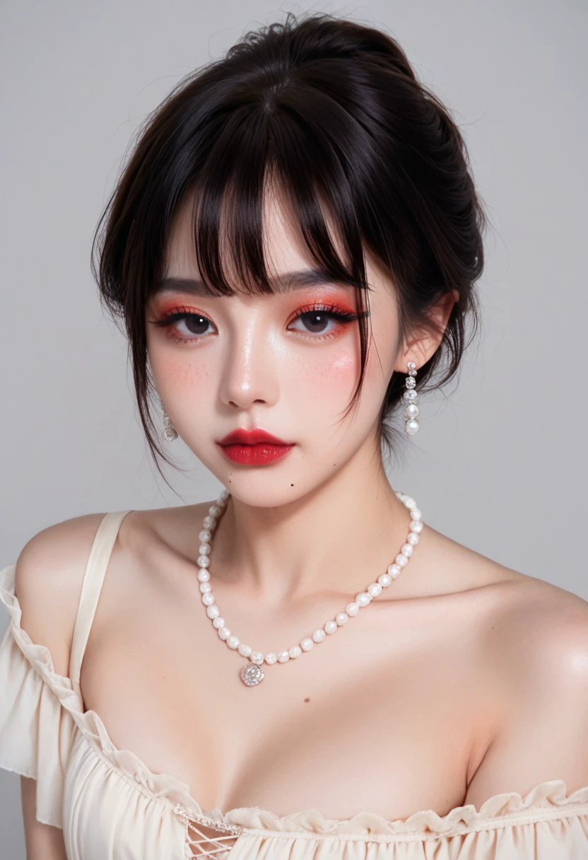 score_9, score_8_up, score_7_up,
ulzzang, ulzblush, 1girl, solo, looking at viewer, short hair, bangs, simple background, black hair, white background, dress, bare shoulders, jewelry, closed mouth, collarbone, earrings, artist name, grey background, necklace, mole, black eyes, lips, eyelashes, makeup, watermark, lipstick, portrait, mole under mouth, eyeshadow, freckles, realistic, red lips, pearl necklace, mole on cheek