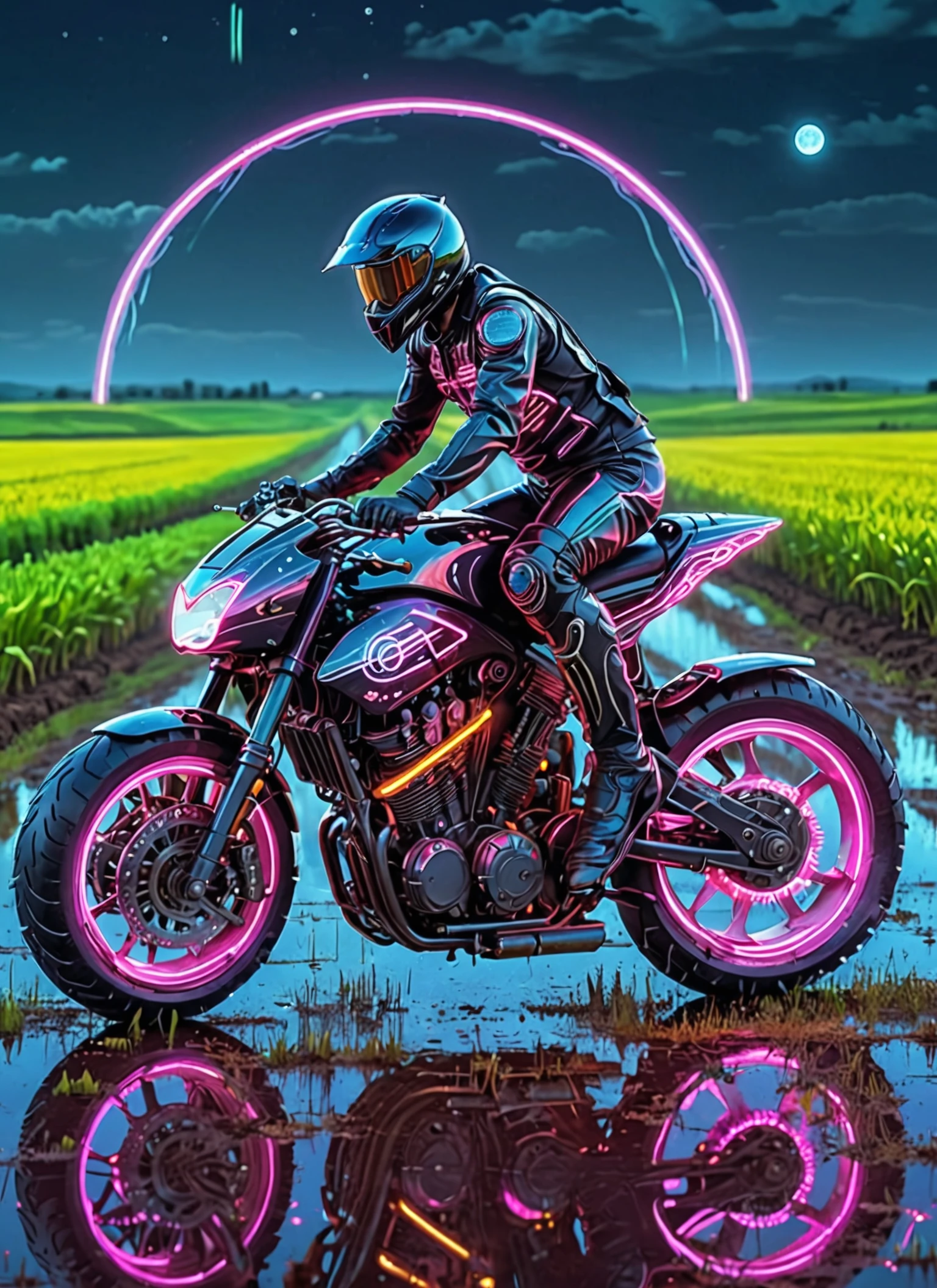 ftsbk motorbike neon, feeling of speed, reflection, full body view, Agricultural Fields with Crop Circles background <lora:Futuristic Superbike XL:1>