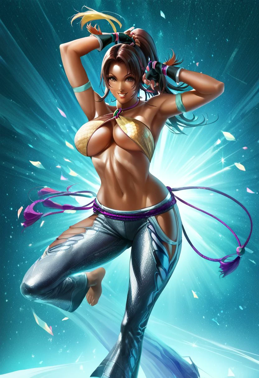 score_9, score_8_up, score_7_up,derpibooru_p_95, 
source_anime, very aesthetic, anime screencap, anime coloring, 
christie monteiro, christie monteiro \(tekken\), christie monteiro regular \(tekken\), 1girl, solo, breasts, smile, large breasts, brown hair, gloves, navel, brown eyes, full body, ponytail, barefoot, midriff, dark skin, fingerless gloves, armpits, arms up, dark-skinned female, lips, underboob, halterneck