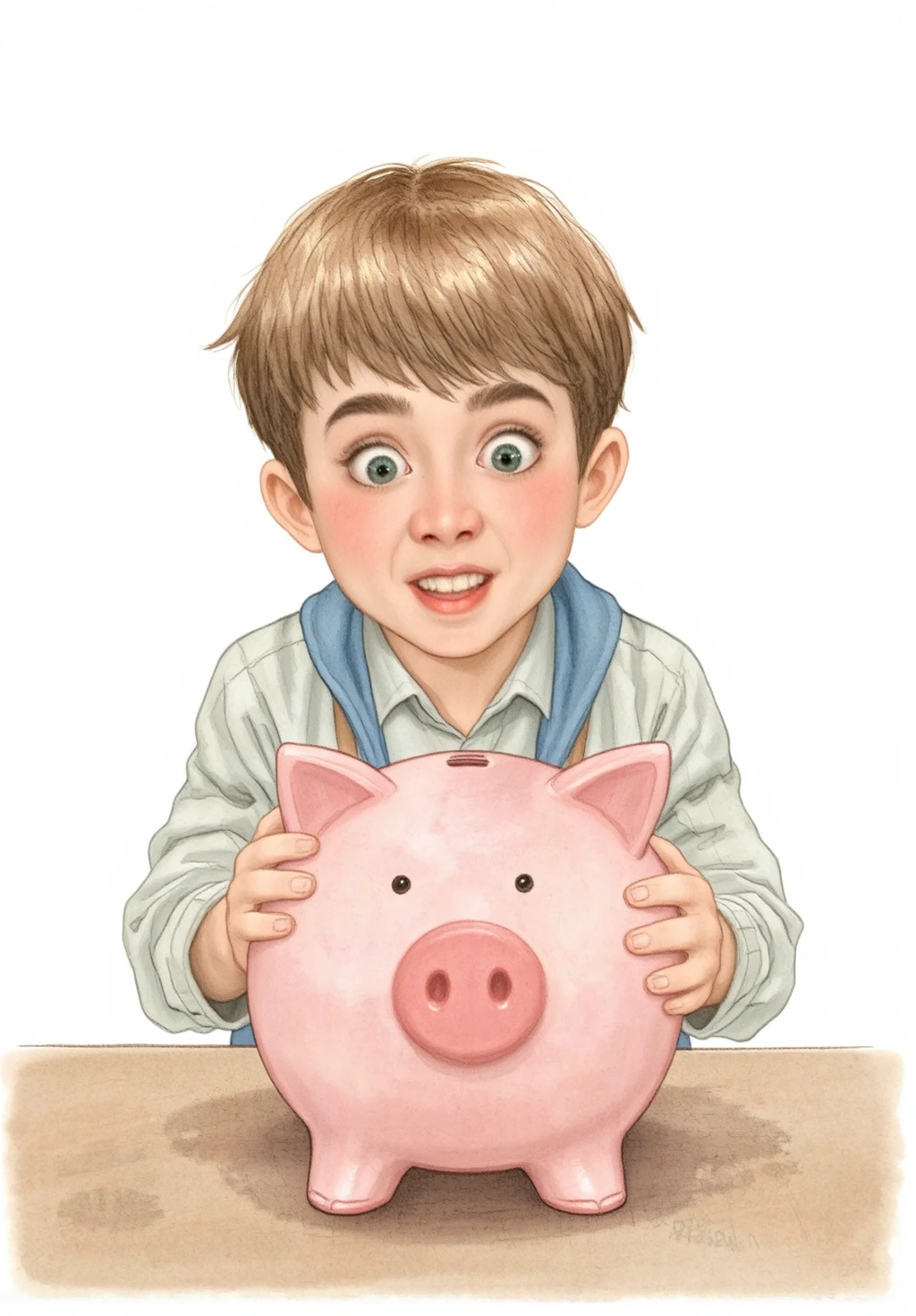 , illustration, posterized art, gouache style, watercolor scene, a young man, piggy bank, looking at viewer, begging