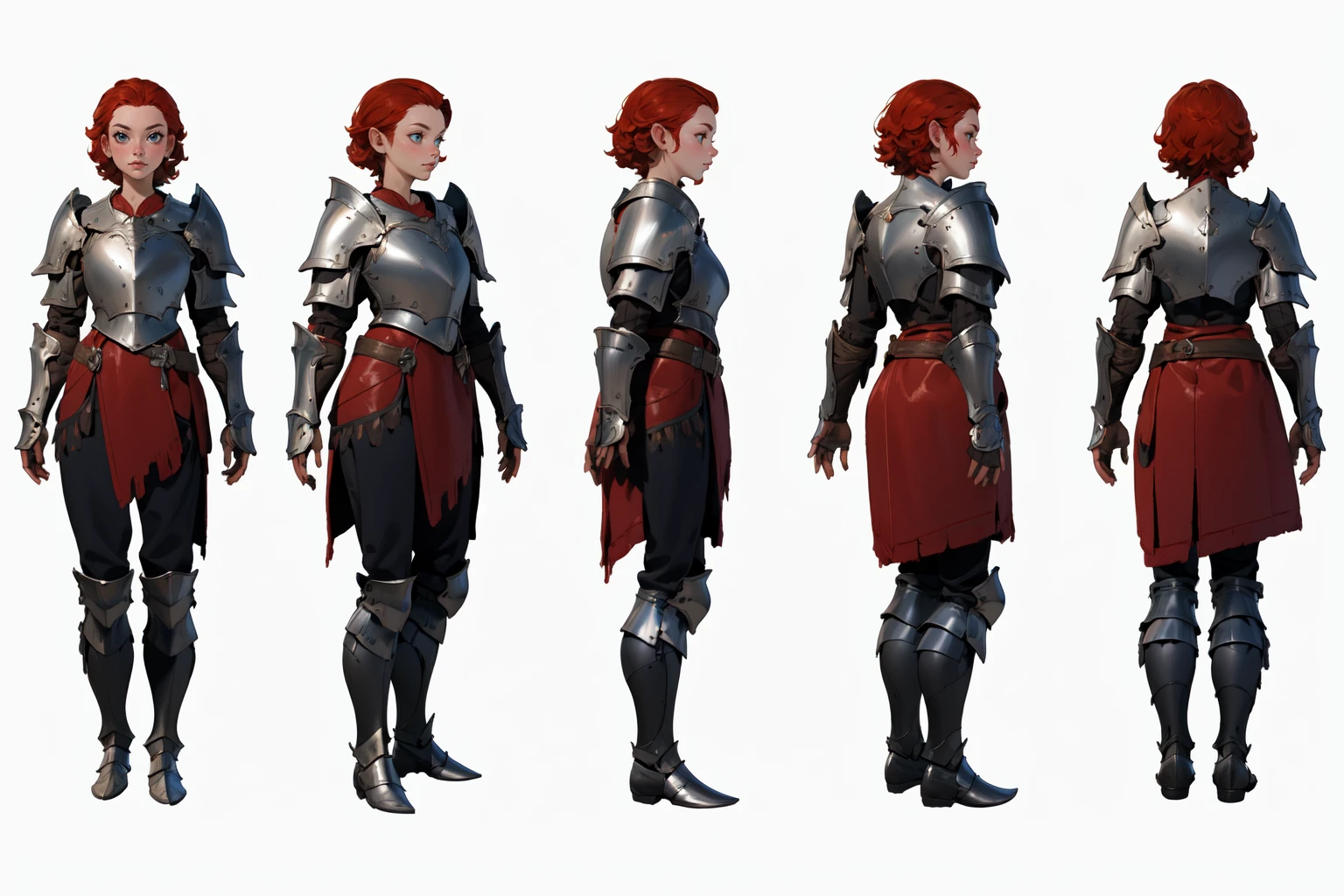 highres, masterpiece,
multi-view, turnaround, model sheet,  character design,
white background, simple background,
full body character turnaround of 1girl, Multiple views of the same character in the same outfit,
medieval, fantasy,
female character, fantasy armor, red hair, fair skin, intricate armor design, leather textures, armored boots, full-body armor, fantasy game character, detailed textures, metallic accents, dark and silver armor,  fantasy setting, character design, 
<lora:CharTurnRetag_v4:0.1>
<lora:Witcher3turn_v1:0.1>
<lora:Medieval2turn_v1:0.1>
<lora:bg3Turn_v1:0.6>