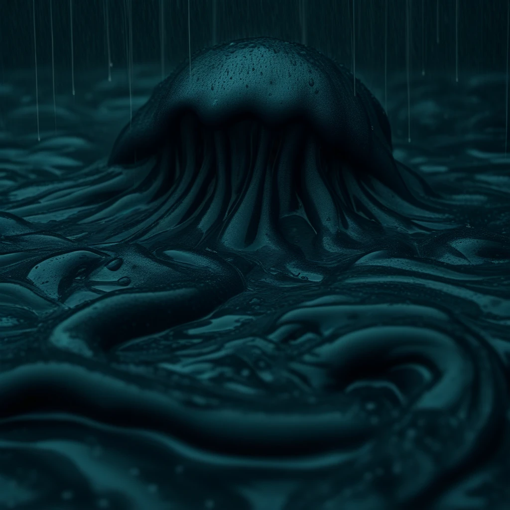 nature, 1other, solo, dark, eldritch abomination, 1boy, black, black slime, no humans, blurry, rain, horror (theme), slimebath