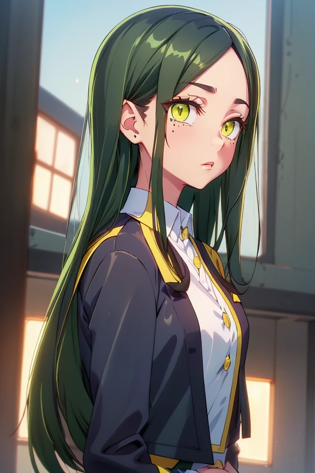 (P_Frill_Shiranui), 1girl, mole under eye, solo, long hair, looking at viewer, dark green hair, green yellow eyes, mole under mouth, slit pupils, Long hair parted in the middle,
(navy jacket, grey dress, white shirt),