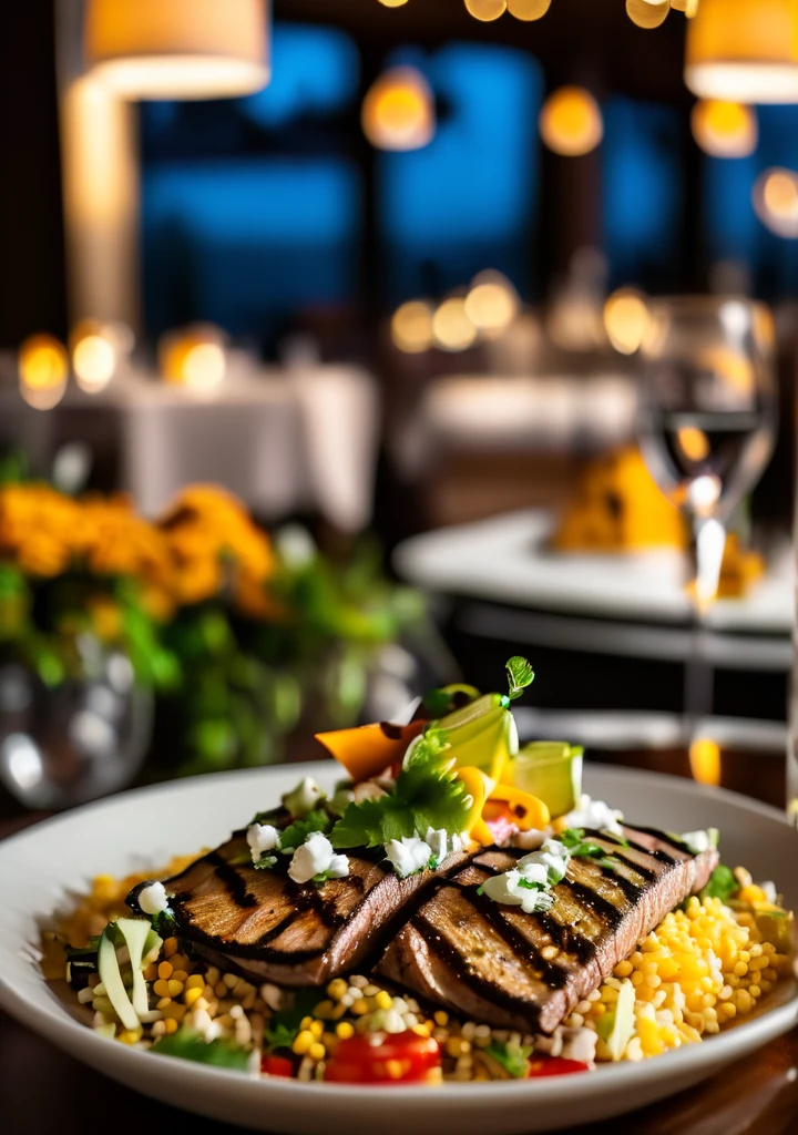 five star mexican fusion cuisine plated for dinner in the evening in a dark ambient and very romantic setting from an upwards angle with bokeh and f1.4






