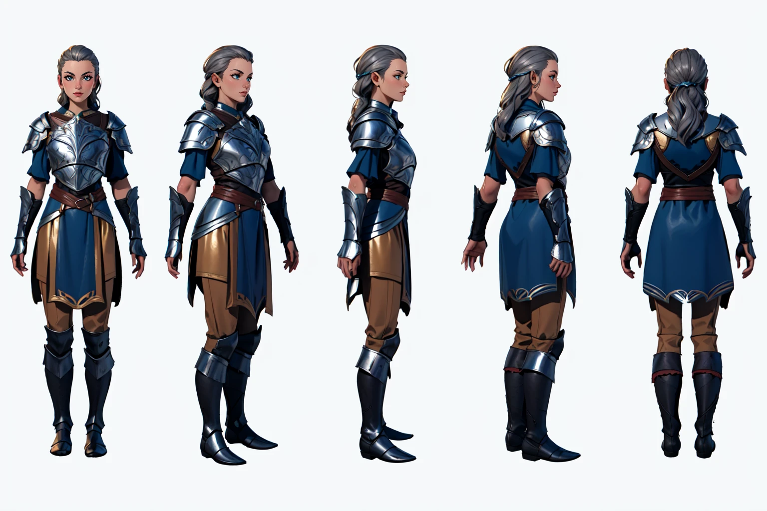 highres, masterpiece,
multi-view, turnaround, model sheet,  character design,
white background, simple background,
full body character turnaround of 1girl, Multiple views of the same character in the same outfit,
medieval, fantasy,
female character, fantasy armor, long hair, fair skin, intricate armor design, leather textures, armored boots, full-body armor, fantasy game character, detailed textures, metallic accents, dark and silver armor,  fantasy setting, character design, 
<lora:CharTurnRetag_v4:0.1>
<lora:Witcher3turn_v1:0.1>
<lora:Medieval2turn_v1:0.1>
<lora:bg3Turn_v1:0.6>